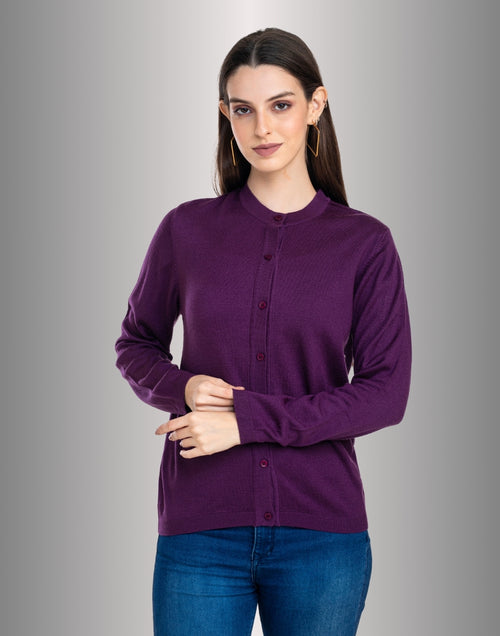 Moda Elementi Women's Classic Purple Button-Up Cardigan Round Collar Long Sleeves Woollen Cardigan