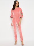 Moda Elementi Elegant Peach Velvet Embroidered Jumpsuit