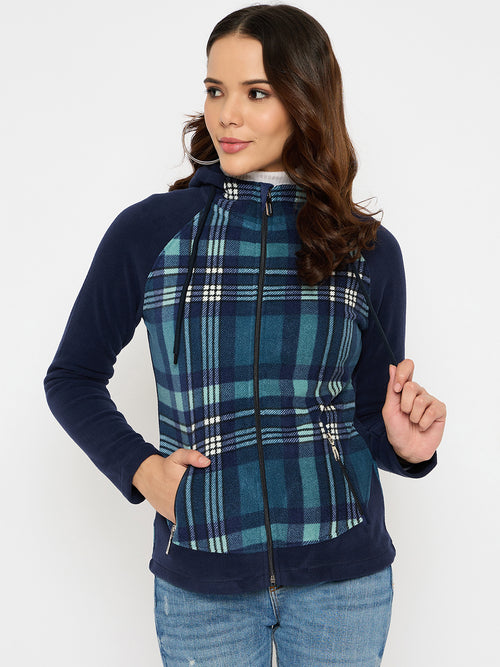 Moda Elementi Stylish Navy Blue Hooded Jacket with Plaid Paneling