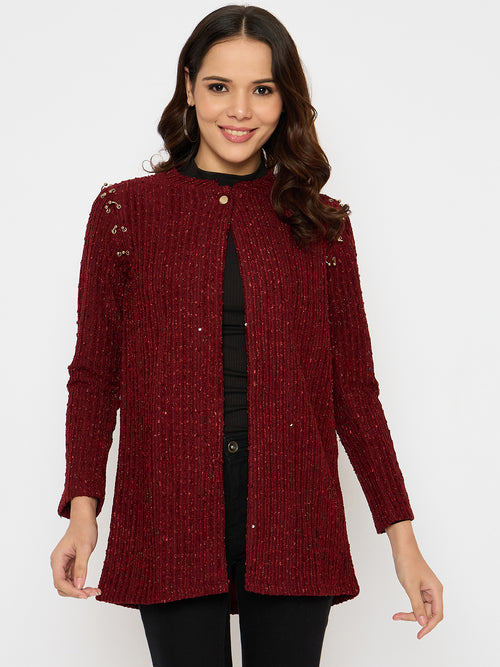 Moda Elementi Elegant Red Longline Jacket with Sequin Detailing