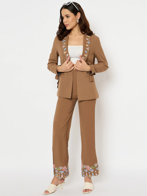 Moda Elementi Chic Brown Embroidered Blazer and Pant Set