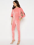 Moda Elementi Elegant Peach Velvet Embroidered Jumpsuit