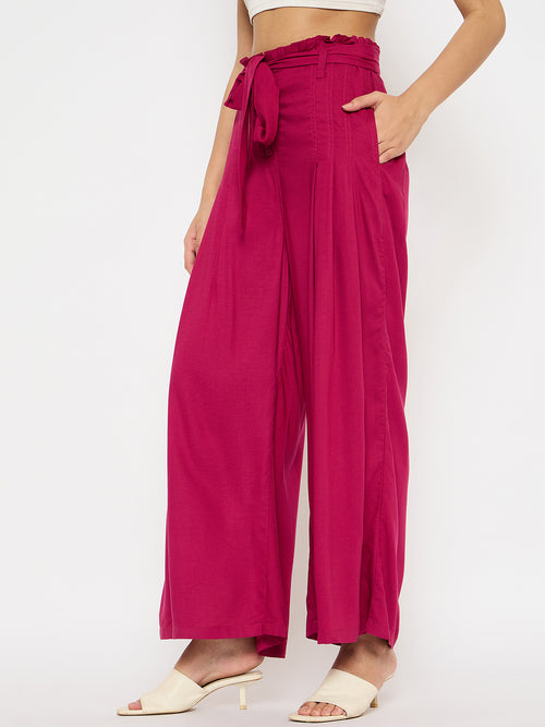 Moda Elementi Vibrant Magenta Wide-Leg Trousers with Waist Tie