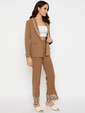 Moda Elementi Chic Brown Embroidered Blazer and Pant Set