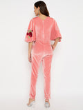 Moda Elementi Elegant Peach Velvet Embroidered Jumpsuit