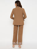 Moda Elementi Chic Brown Embroidered Blazer and Pant Set