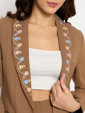 Moda Elementi Chic Brown Embroidered Blazer and Pant Set