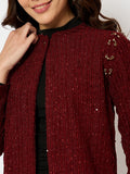 Moda Elementi Elegant Red Longline Jacket with Sequin Detailing