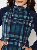 Moda Elementi Stylish Navy Blue Hooded Jacket with Plaid Paneling