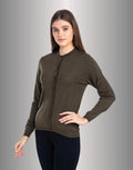 Moda Elementi Women's Classic Olive Button-Up Cardigan Round Collar Long Sleeves Woollen Cardigan