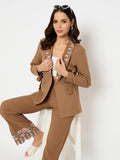 Moda Elementi Chic Brown Embroidered Blazer and Pant Set