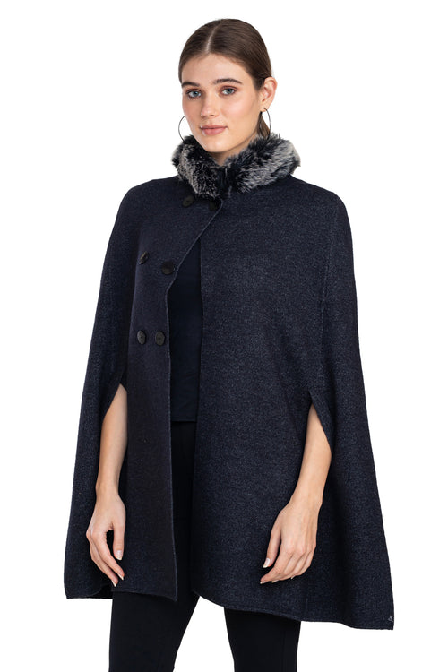 Moda Elementi Elegant Navy Wool Cape with Faux Fur Collar