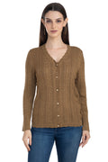 Moda Elementi Women's Cable Knit Button-Up Cardigan - Brown