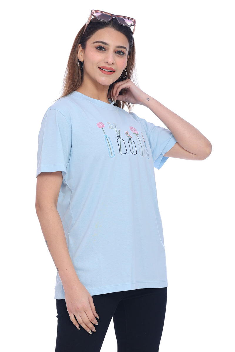 Moda Elementi  Women's Sky Blue Comfort Fit T-Shirt