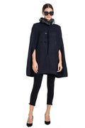 Moda Elementi Elegant Navy Wool Cape with Faux Fur Collar