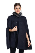 Moda Elementi Elegant Navy Wool Cape with Faux Fur Collar