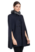 Moda Elementi Elegant Navy Wool Cape with Faux Fur Collar