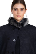 Moda Elementi Elegant Navy Wool Cape with Faux Fur Collar