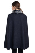 Moda Elementi Elegant Navy Wool Cape with Faux Fur Collar