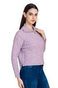 Moda Elementi Elegant Lilac Knitted Sweater with Collar and Zipper Detail