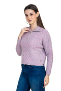 Moda Elementi Elegant Lilac Knitted Sweater with Collar and Zipper Detail