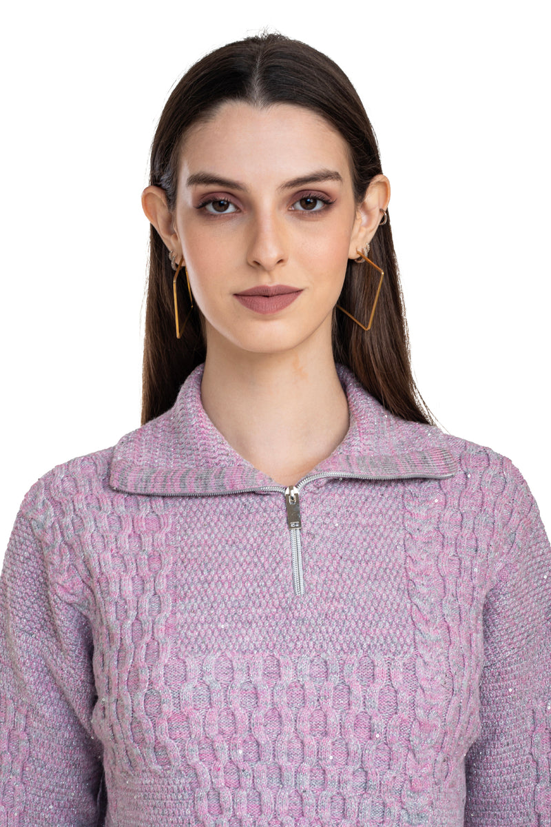 Moda Elementi Elegant Lilac Knitted Sweater with Collar and Zipper Detail