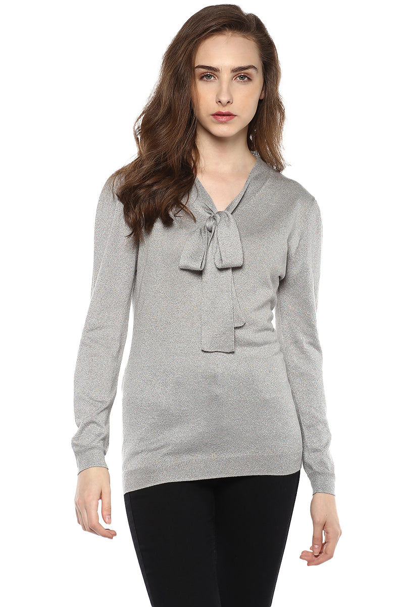 Italian Lurex Grey Front Tie Jumper - MODA ELEMENTI